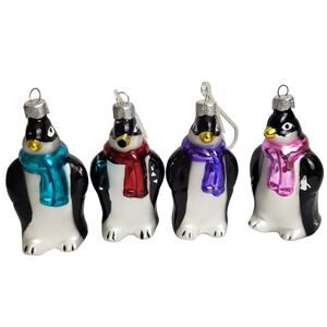 Set of 4 Glass Penguin Christmas Ornaments‎ with Scarves READ